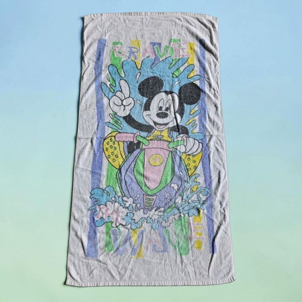 Vintage Mickey Mouse Beach Towel Brave The Wave WaveRunner Faded Pastel 52x28